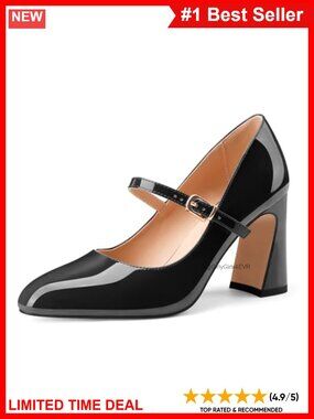 Block Heel Mary Jane Pumps Patent Leather Pointed Toe Party Heels